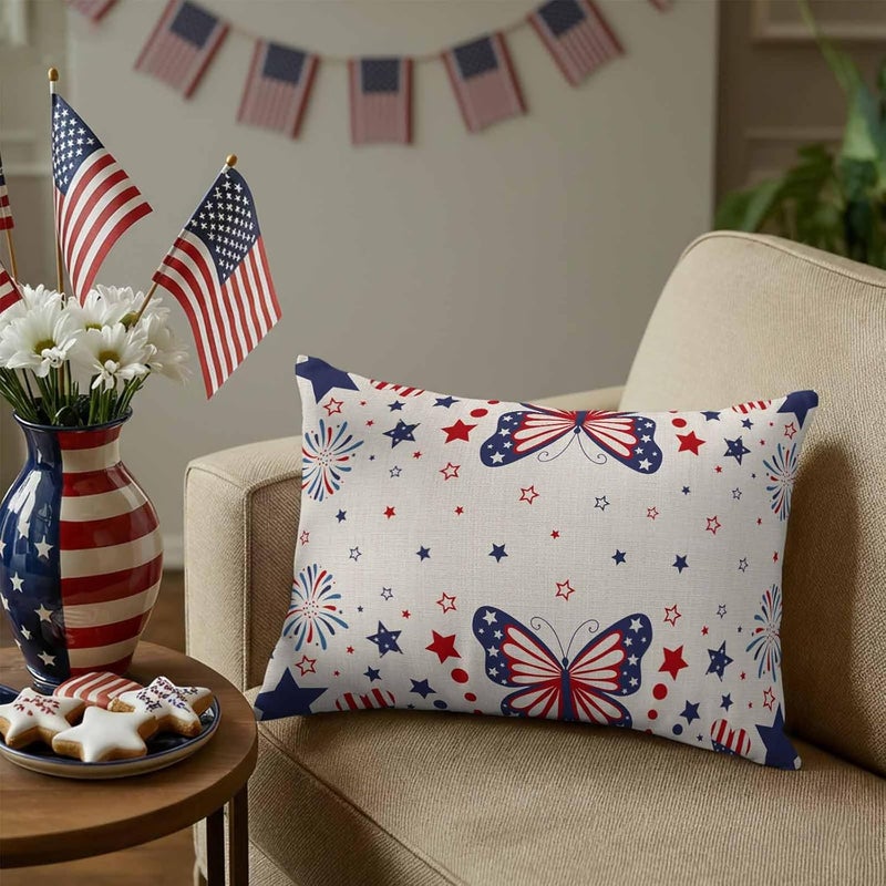 Outdoor Pillow Covers Independence Day Butterfly Star Decorative Throw Pillow Covers, Patriotic Celebration on Linen Throw Cushion Case with Zipper for Couch,Patio,Sofa,Garden 20x12in Set of 2 - Image 3