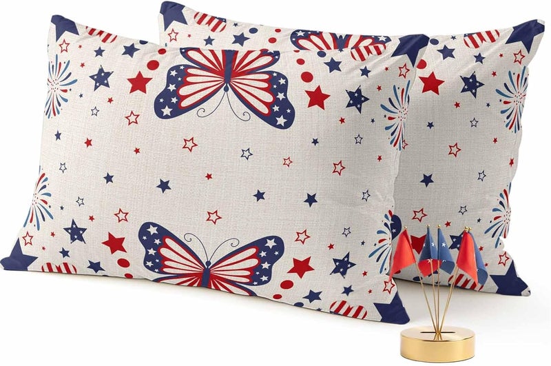 Outdoor Pillow Covers Independence Day Butterfly Star Decorative Throw Pillow Covers, Patriotic Celebration on Linen Throw Cushion Case with Zipper for Couch,Patio,Sofa,Garden 20x12in Set of 2 - Image 1