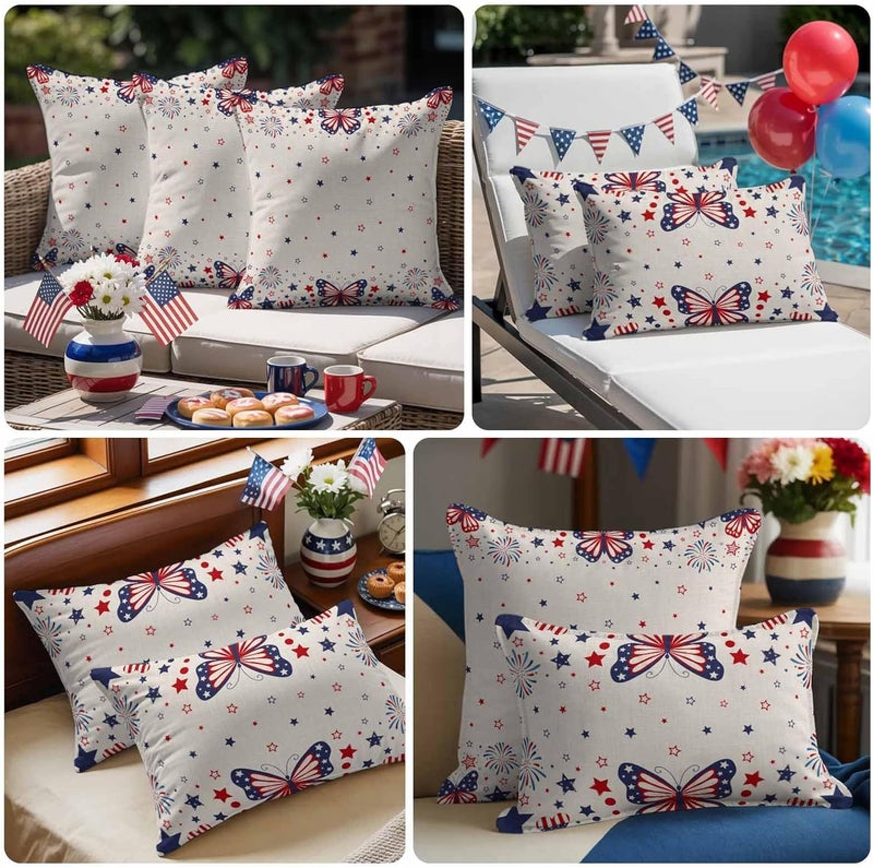 Outdoor Pillow Covers Independence Day Butterfly Star Decorative Throw Pillow Covers, Patriotic Celebration on Linen Throw Cushion Case with Zipper for Couch,Patio,Sofa,Garden 20x12in Set of 2 - Image 5