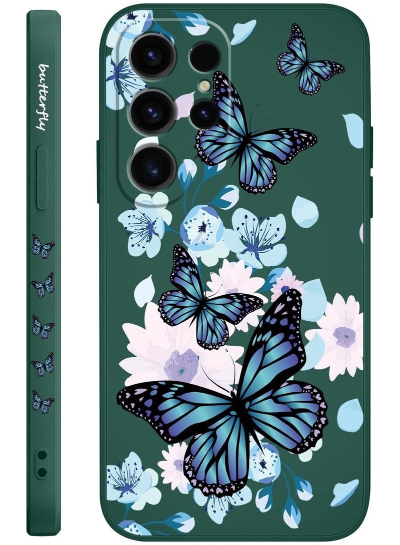 حافظة لجهاز Galaxy S24 Ultra، تصميم نمط فراشة زهور قطة كيوت، حماية رقيقة وأنيقة ضد الصدمات، غطاء واقي لهاتف سامسونج جالاكسي S24 Ultra مقاس 6.8 بوصة - فراشة أورورا باللون الأخضر - Image 1