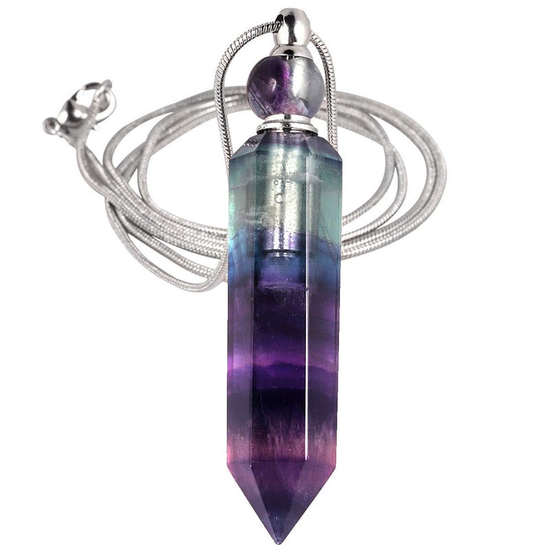 SUNYIK Fluorite Stone Essential Oil Diffuser Necklace for Women, Hexagonal Pointed Healing Crystal Perfume Bottle Pendant with Chain for Men, 28" - Image 1