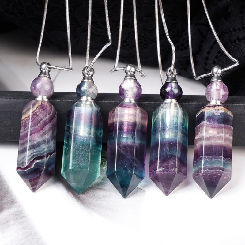SUNYIK Fluorite Stone Essential Oil Diffuser Necklace for Women, Hexagonal Pointed Healing Crystal Perfume Bottle Pendant with Chain for Men, 28" - Image 2