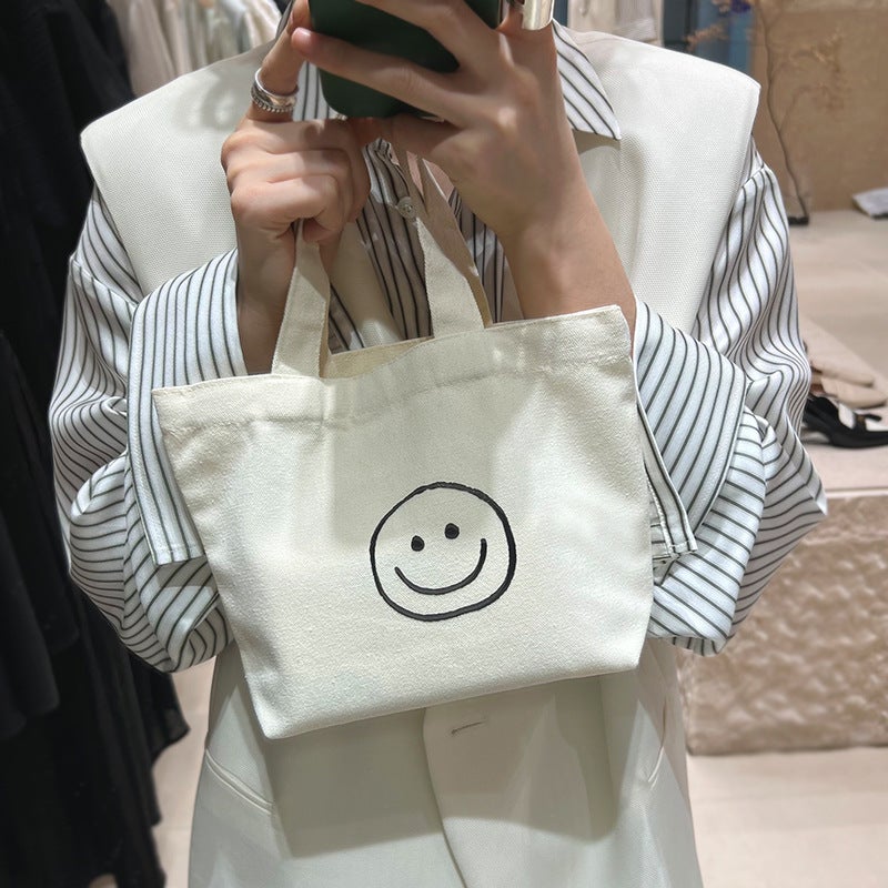 2023 Korean-Style Canvas Tote with Smile Design Beige 