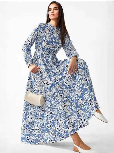 HICCUP Printed Maxi Dress with Shirt Collar