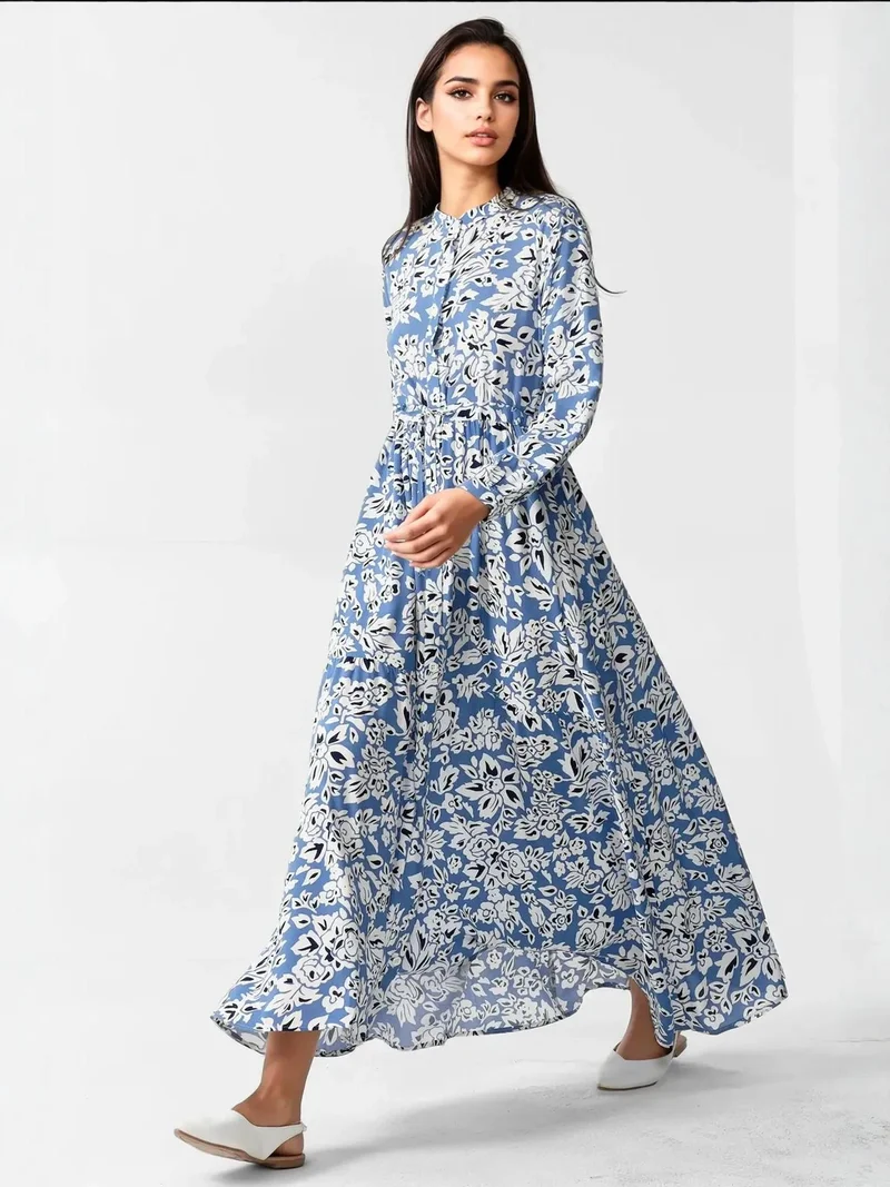 HICCUP Printed Maxi Dress with Shirt Collar