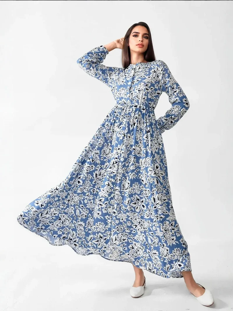 زوبعة فستان ماكسي مطبوع بياقة قميص