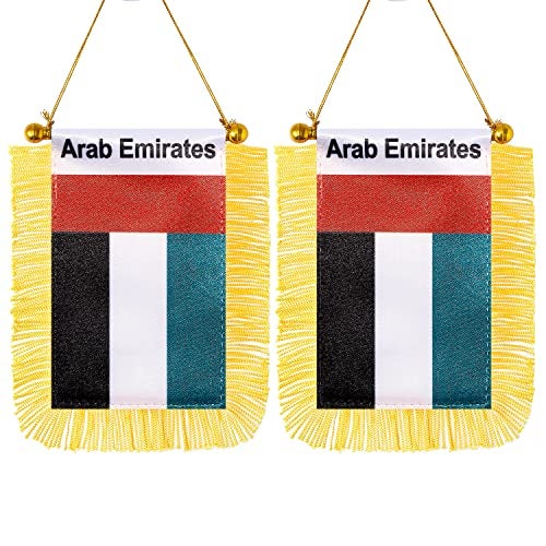 CANTENDO 2 Pack United Arab Emirates Window Hanging Flag,Mini United Arab Emirates Car Flag with Pole Tassel Suction Cup Rearview Mirror Decoration(3x5 Inch) - Image 1