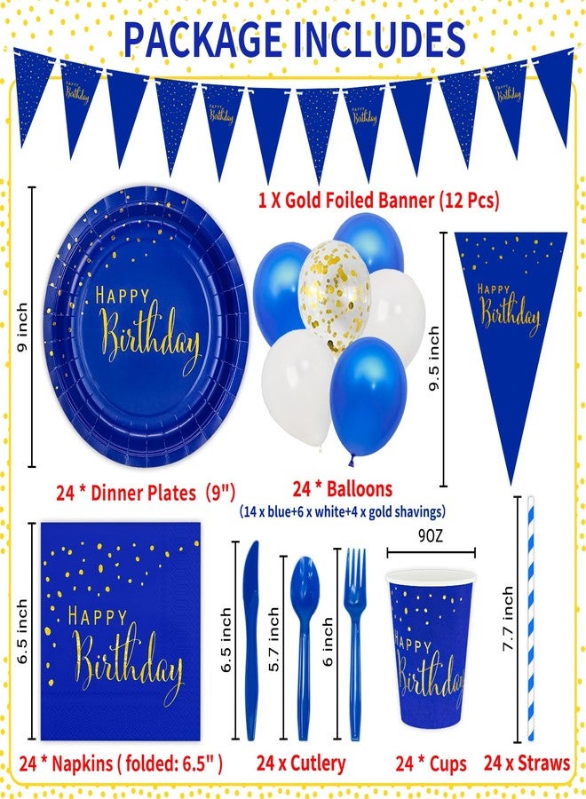 DYLIVeS 204 Pcs Blue Birthday Decorations Packs, Blue and Gold Foil Dots Happy Birthday Party Supplies for Men Boys Navy Blue Plates and Napkins Cups Straws Balloons Banner Cutlery Set, Serve 24 - Image 2