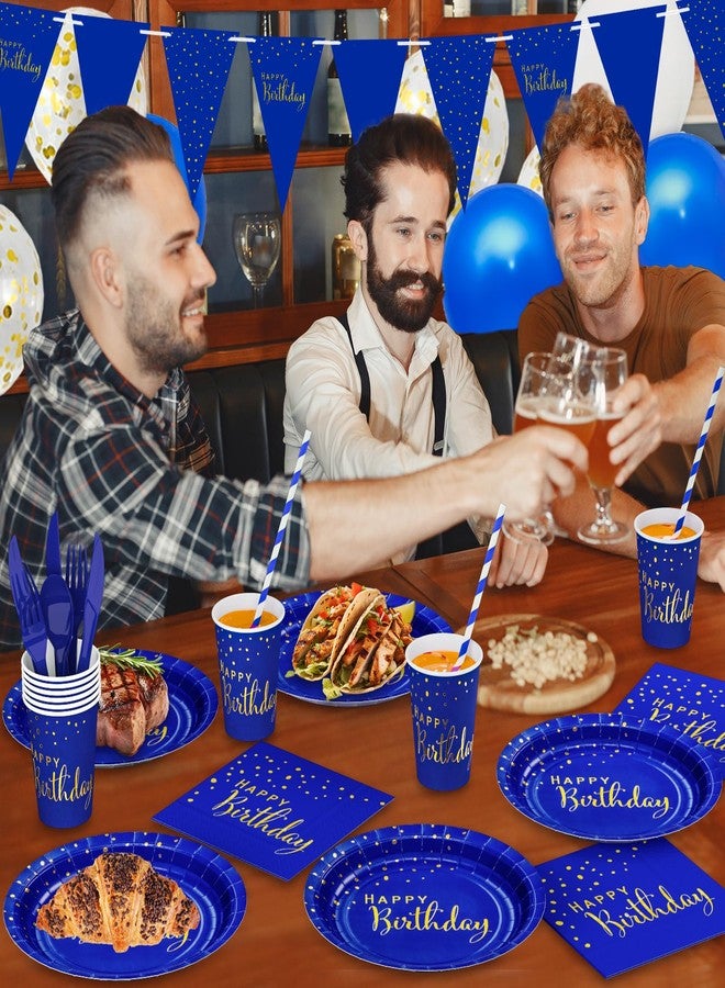DYLIVeS 204 Pcs Blue Birthday Decorations Packs, Blue and Gold Foil Dots Happy Birthday Party Supplies for Men Boys Navy Blue Plates and Napkins Cups Straws Balloons Banner Cutlery Set, Serve 24 - Image 5