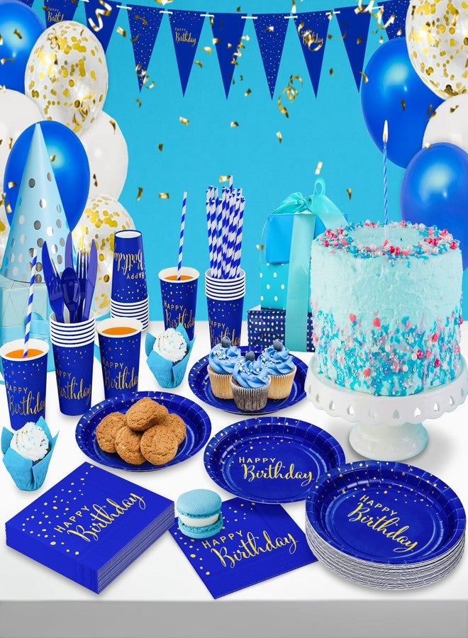 DYLIVeS 204 Pcs Blue Birthday Decorations Packs, Blue and Gold Foil Dots Happy Birthday Party Supplies for Men Boys Navy Blue Plates and Napkins Cups Straws Balloons Banner Cutlery Set, Serve 24 - Image 3