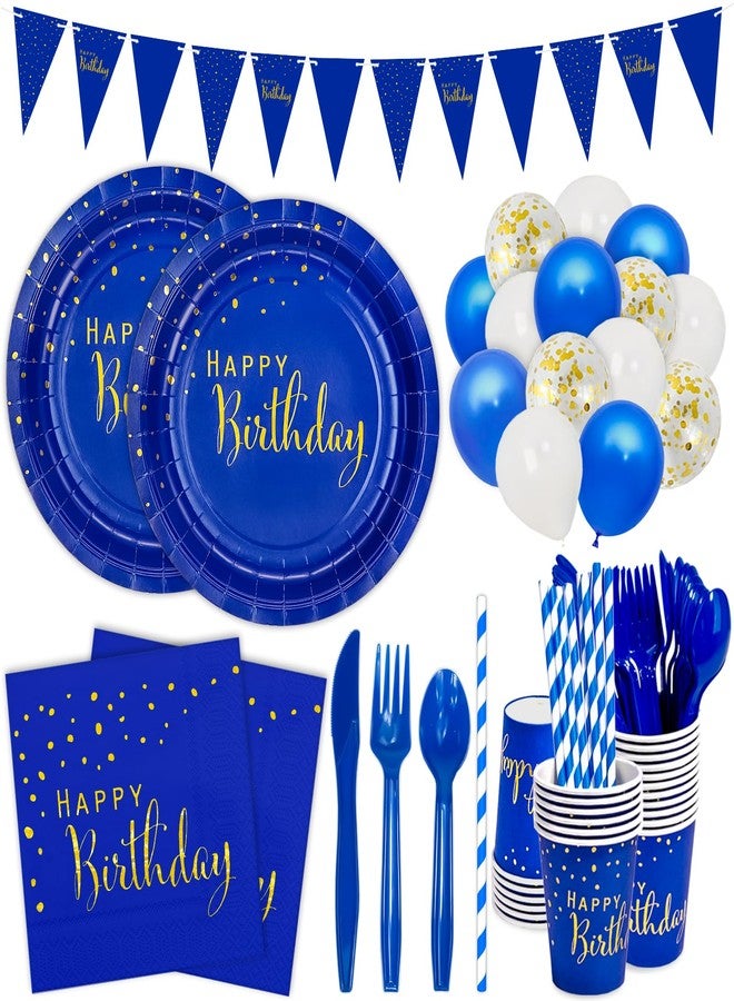 DYLIVeS 204 Pcs Blue Birthday Decorations Packs, Blue and Gold Foil Dots Happy Birthday Party Supplies for Men Boys Navy Blue Plates and Napkins Cups Straws Balloons Banner Cutlery Set, Serve 24 - Image 1