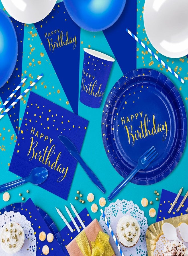 DYLIVeS 204 Pcs Blue Birthday Decorations Packs, Blue and Gold Foil Dots Happy Birthday Party Supplies for Men Boys Navy Blue Plates and Napkins Cups Straws Balloons Banner Cutlery Set, Serve 24 - Image 4
