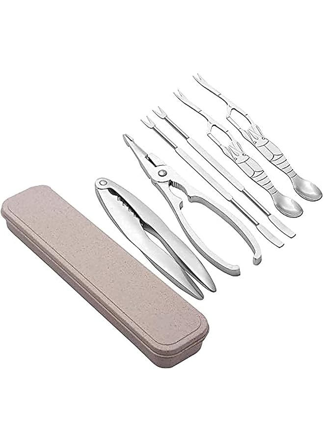 S-TOP Stainless Steel Seafood Tool Kit Seafood, Nuts, Shellfish, Lobster and Crab Cracker Tool Set Crustacean Set with Storage Box, 2 Pcs Lobster Crackers and 4 Pcs Stainless Steel Seafood Forks - Image 1