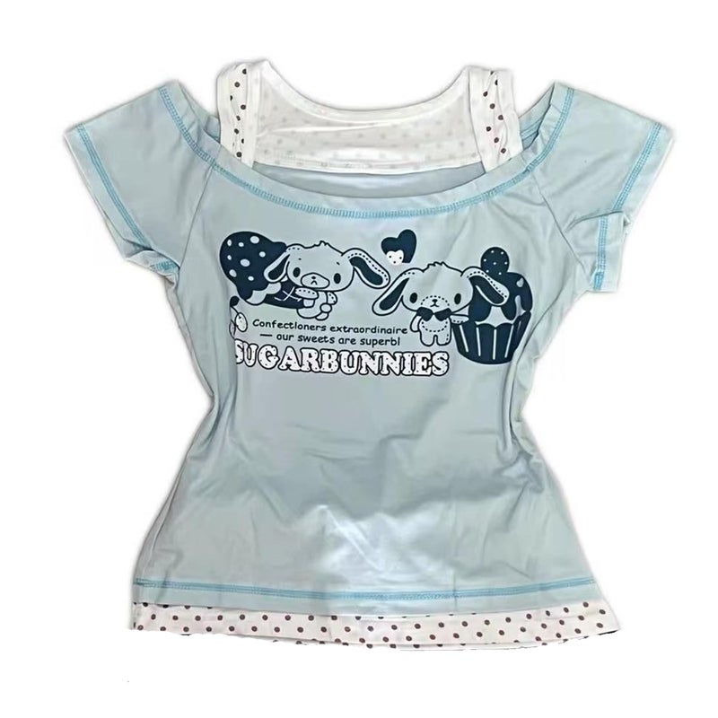 MANGMAO Kawaii Cutecore Tops Harajuku Vintage Y2k 2000s Shirts Summer Alt Goth Emo Short Sleeve Graphic Tees (Blue Polka Dot,Medium) - Image 1