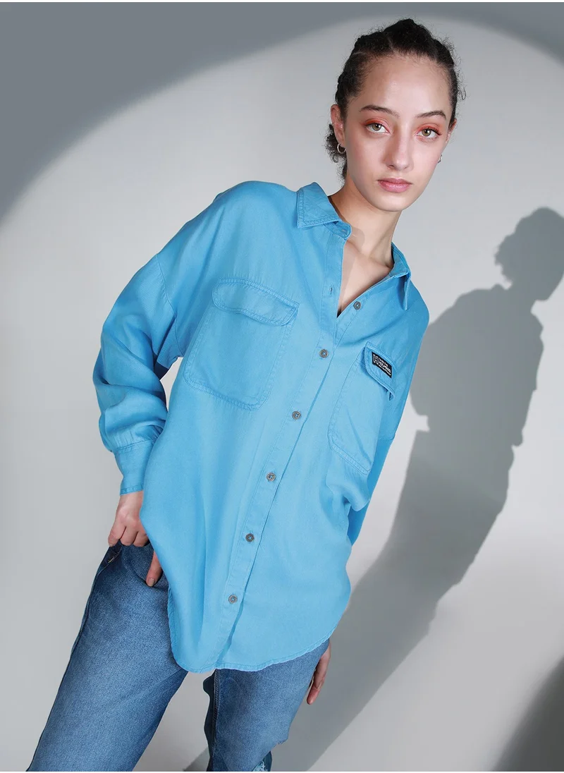 هوبرهولمي Women's High-Rise Baggy Fit Blue Casual Shirt