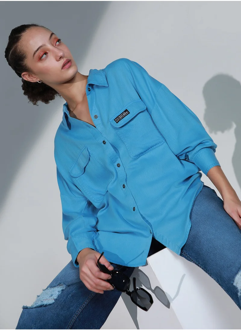 هوبرهولمي Women's High-Rise Baggy Fit Blue Casual Shirt