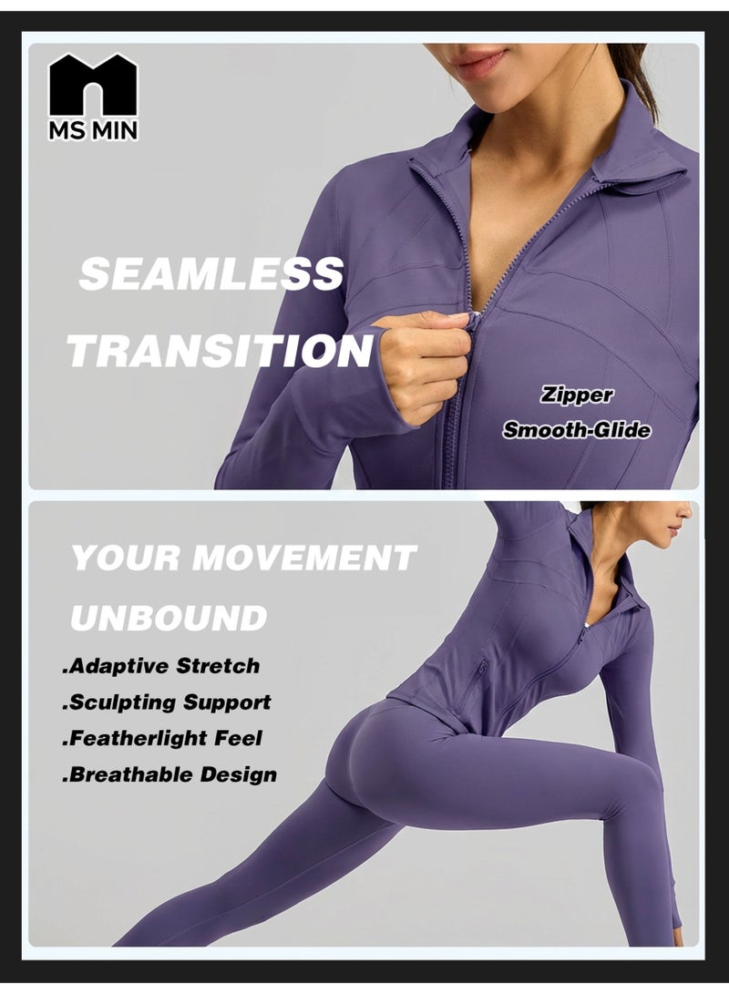 MS MIN Women's 2-Piece Yoga Wear Set, Slim-Fit Zipper Sports Jacket, High-Waist Tummy-Control Leggings, Pocketed Gym Outfit for Pilates, Fitness & Running - Image 3