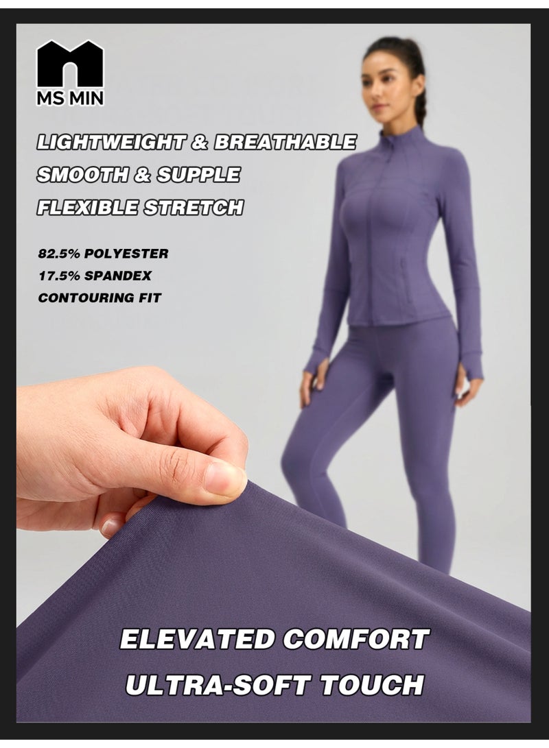 MS MIN Women's 2-Piece Yoga Wear Set, Slim-Fit Zipper Sports Jacket, High-Waist Tummy-Control Leggings, Pocketed Gym Outfit for Pilates, Fitness & Running - Image 4