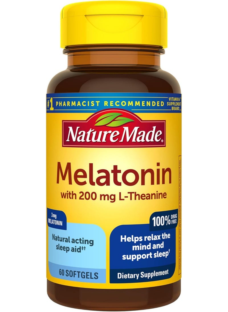 Nature Made Melatonin 3 mg with 200 mg L-theanine Softgels, 60 Count for Supporting Restful Sleep - Image 1