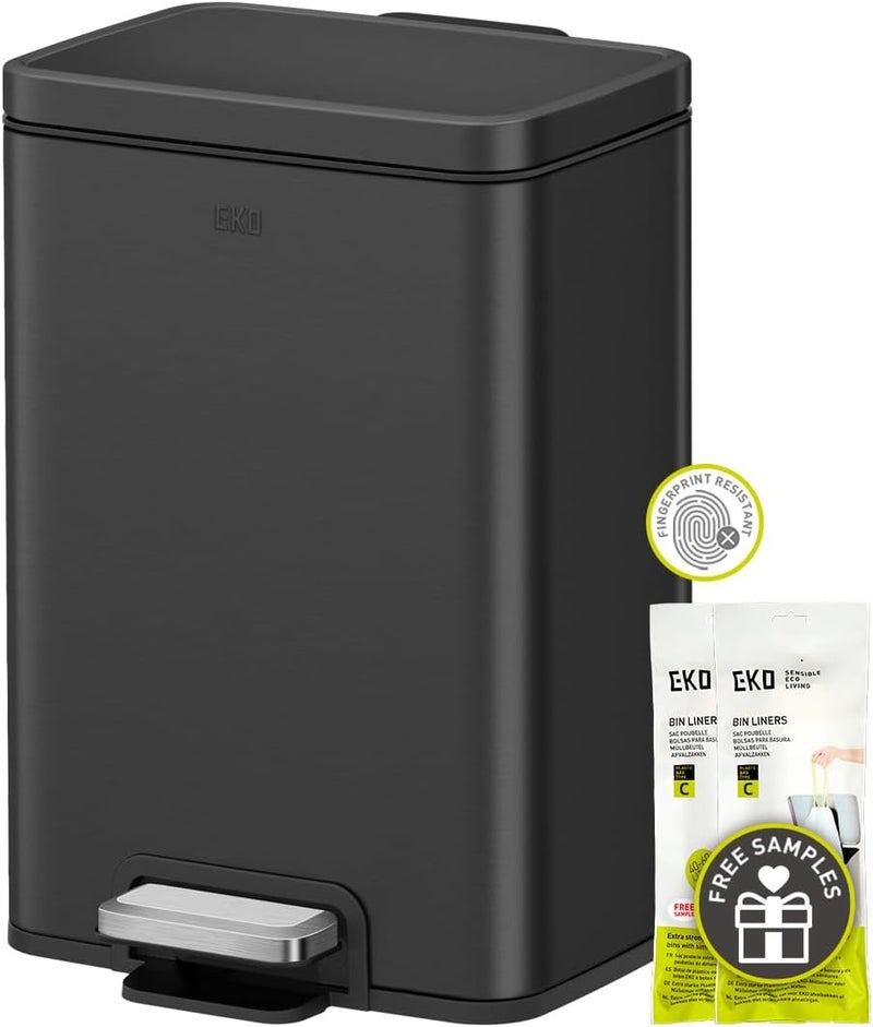 EKO Madison Matte Black 12L / 3.2 Gal Bathroom Trash Can with Lid and Removable Inner Basket, Rectangular Small Step Trash Can - Image 1