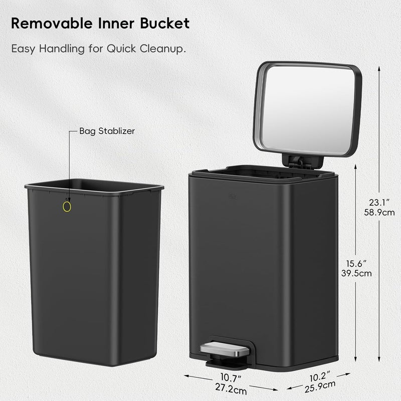 EKO Madison Matte Black 12L / 3.2 Gal Bathroom Trash Can with Lid and Removable Inner Basket, Rectangular Small Step Trash Can - Image 3
