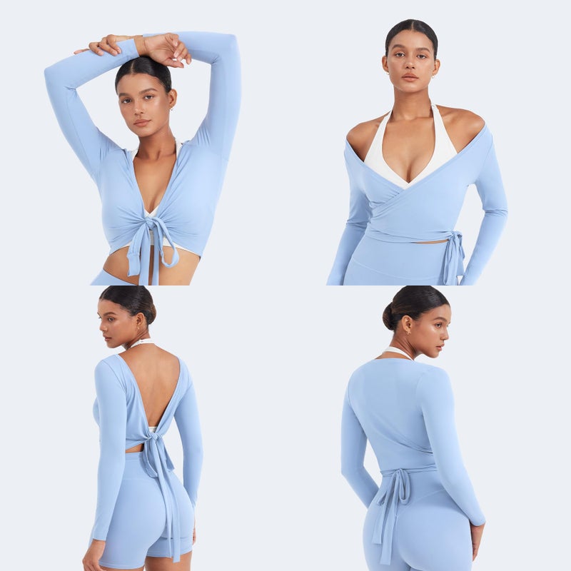 YEOREO Women Pilates Wrap Top Long Sleeve Tie Ballet Workout Yoga Shirt Michelie Y2K V Neck Cropped Tops Airy Blue XS - Image 5