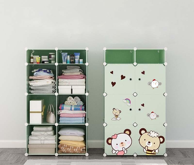 Mevigo 3-Door Plastic Wardrobe for Kids| Almirah and Wardrobe for Baby Clothes| Modular Storage Cabinet with Wheels|Kids Multi-Purpose Collapsible Wardrobe for Shoes/Books (Green-Z5, 6+2- Door) - Image 4