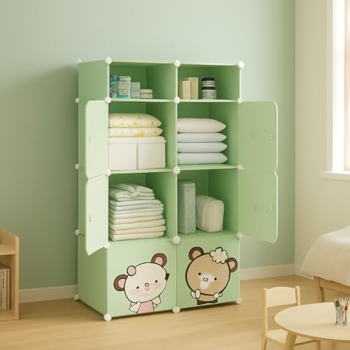 Mevigo 3-Door Plastic Wardrobe for Kids| Almirah and Wardrobe for Baby Clothes| Modular Storage Cabinet with Wheels|Kids Multi-Purpose Collapsible Wardrobe for Shoes/Books (Green-Z5, 6+2- Door) - Image 1