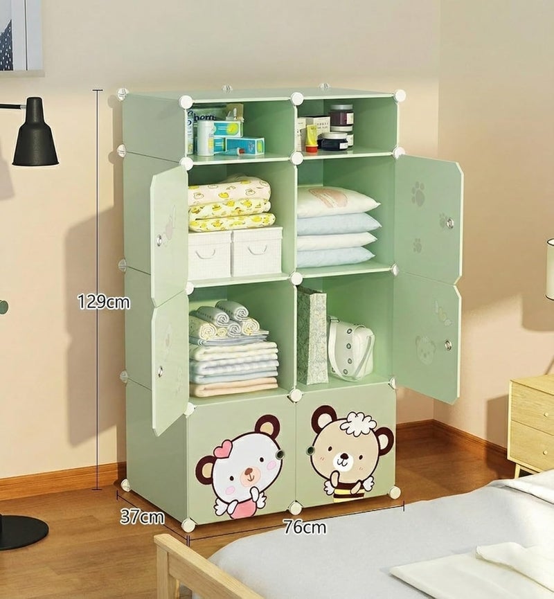 Mevigo 3-Door Plastic Wardrobe for Kids| Almirah and Wardrobe for Baby Clothes| Modular Storage Cabinet with Wheels|Kids Multi-Purpose Collapsible Wardrobe for Shoes/Books (Green-Z5, 6+2- Door) - Image 3