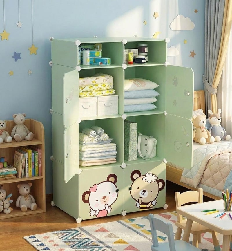 Mevigo 3-Door Plastic Wardrobe for Kids| Almirah and Wardrobe for Baby Clothes| Modular Storage Cabinet with Wheels|Kids Multi-Purpose Collapsible Wardrobe for Shoes/Books (Green-Z5, 6+2- Door) - Image 2