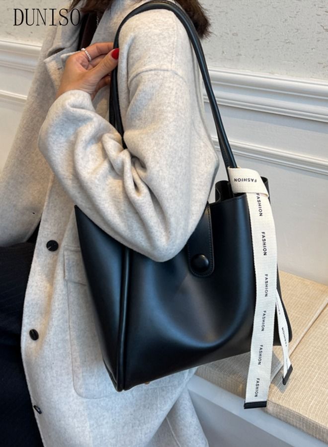 DUNISO Womens Shoulder Tote Bag Leather Handbag For Women Retro Large Capacity Messenger Fashionable Travel Hand BagBlack - Image 5