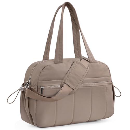 Outplea 20L Puffer Gym Bag for Women Girls, Small Weekender Overnight Work Tote Bag, Mini Personal Item Carry on Travel Duffle Bags for Airplane, Small Yoga Dance Bags, Brown - Image 1