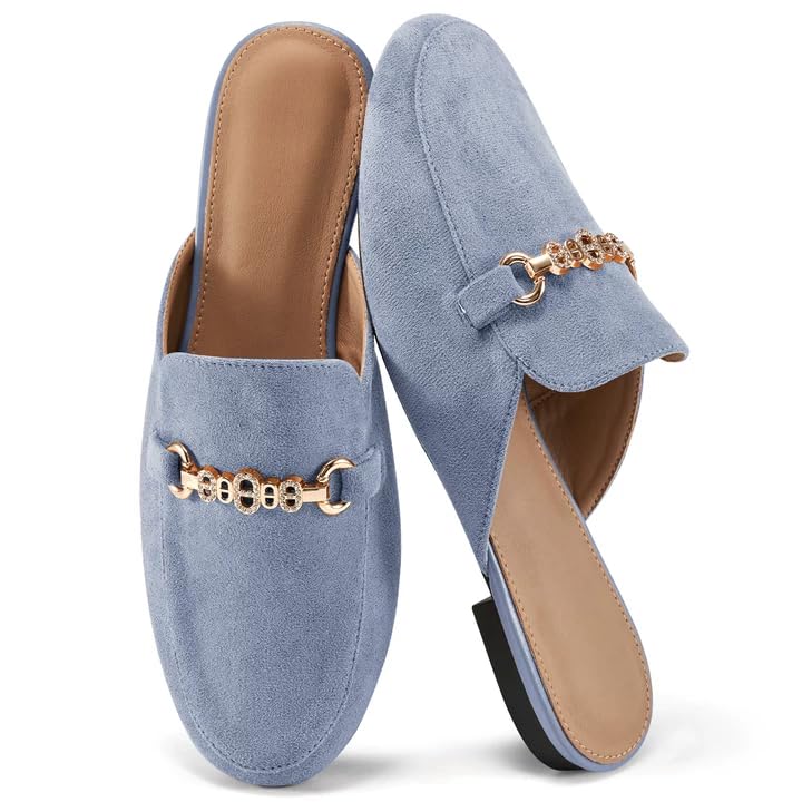 FUDYNMALC Womens Mules Buckle Flats: Classic Suede Slip On Shoes Dressy Closed Toe Backless Slides Loafers 2026 for Business Work Office Casual Blue - Image 1