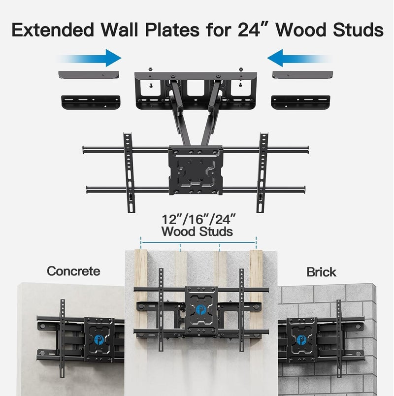 Pipishell حامل تلفاز حائط متحرك بالكامل بحجم 24 بوصة لمعظم تلفزيونات 37 50 55 65 75-84 بوصة، أذرع قابلة للتعديل مع دوران مائل، تمديد إلى الخشب حتى 132 رطل، VESA 600x400mm من بيبيشل - Image 2