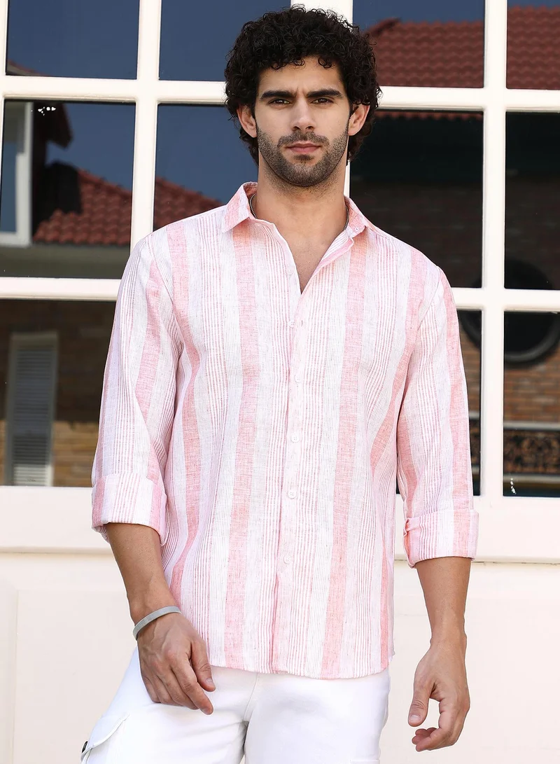 Campus Sutra Men's Apricot Orange Pincandy-Striped Regular Shirt