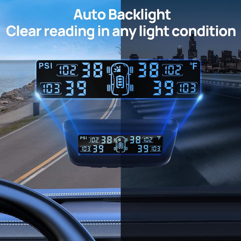 نظام مراقبة ضغط الإطارات Masoll، نظام TPMS للمركبات الترفيهية/المقطورات مع شحن شمسي ومعايرة تلقائية، شاشة LCD M13 مع 4 حساسات TPMS (0-87 PSI) - Image 4