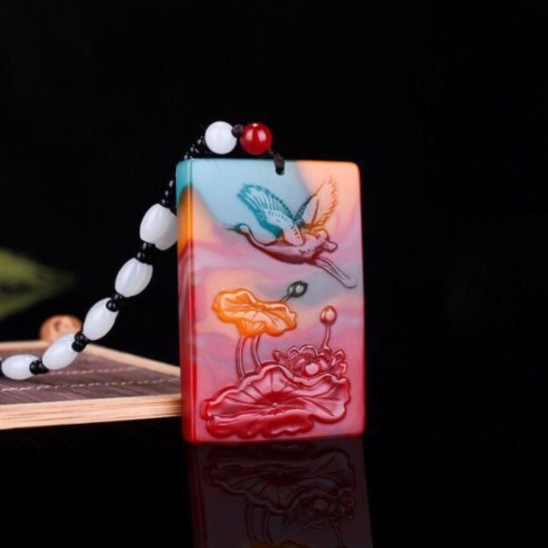 Qi Ta Colorful Jade Pendant Necklace for Men and Women - Lotus & Crane Design - Image 2