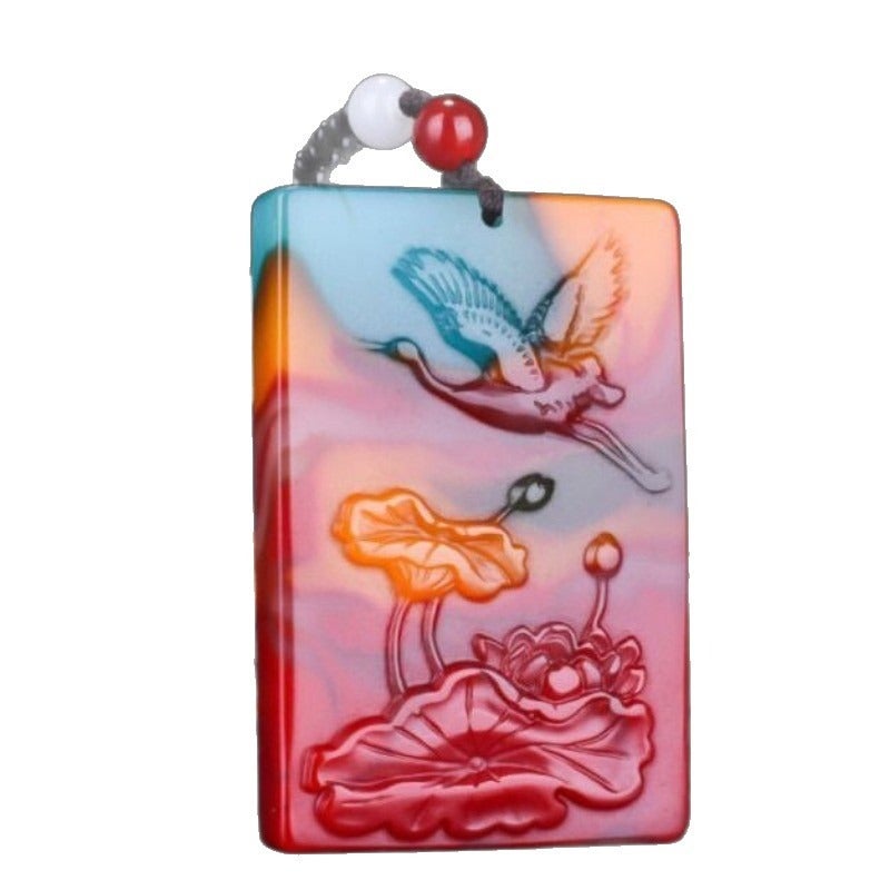 Qi Ta Colorful Jade Pendant Necklace for Men and Women - Lotus & Crane Design - Image 5