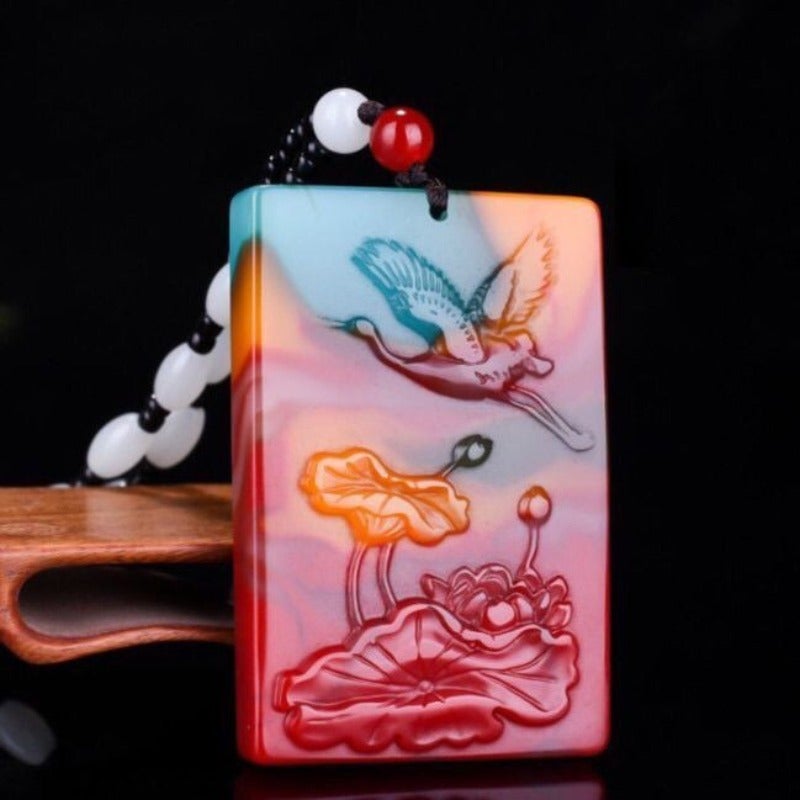 Qi Ta Colorful Jade Pendant Necklace for Men and Women - Lotus & Crane Design - Image 1