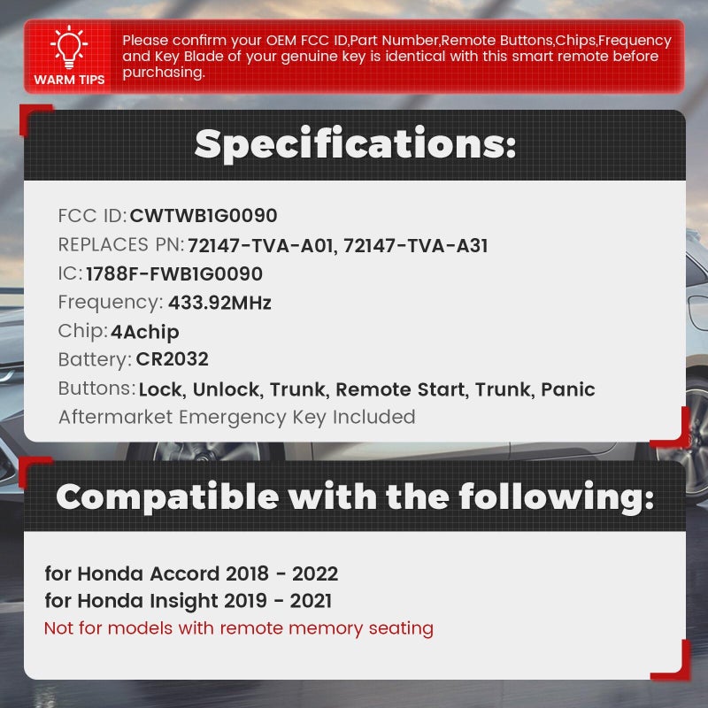 Beefunny Replacement Remote Keyless Entry Key Fob for Honda Accord 2018 2019 2020 2021 Insight 2019 2020 2021 FCC ID:CWTWB1G0090 PN: 72147-TVA-A21 72147-TVA-A01 5Buttons 433.92MHz FSK 4A Chip - Image 2