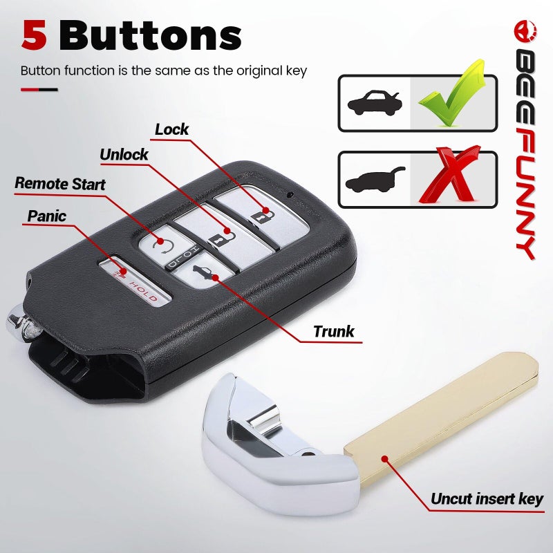 Beefunny Replacement Remote Keyless Entry Key Fob for Honda Accord 2018 2019 2020 2021 Insight 2019 2020 2021 FCC ID:CWTWB1G0090 PN: 72147-TVA-A21 72147-TVA-A01 5Buttons 433.92MHz FSK 4A Chip - Image 4