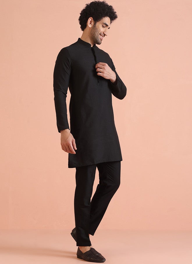 KISAH Black Mandarin Collar Straight Kurta - Image 3