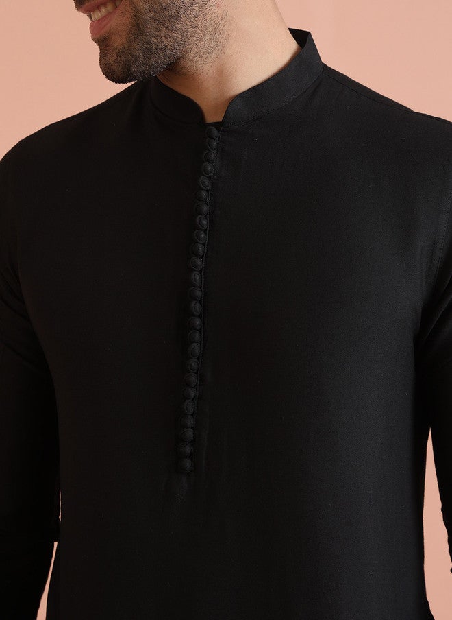 KISAH Black Mandarin Collar Straight Kurta - Image 4