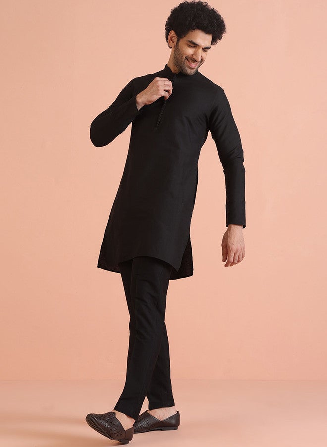 KISAH Black Mandarin Collar Straight Kurta - Image 1