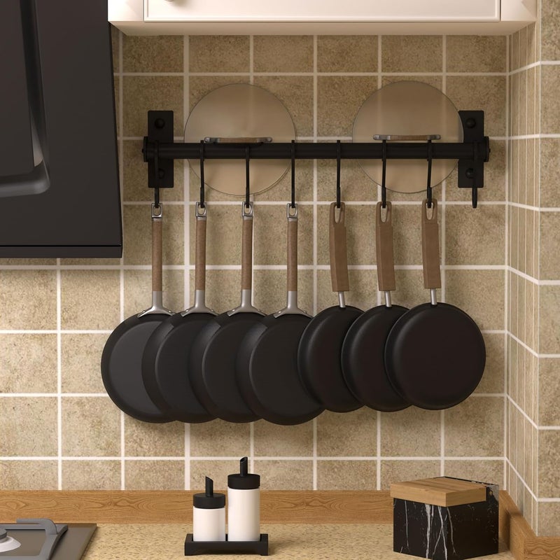 Dseap Kitchen Utensil Holder Hanger, Pot and Pan Rack Wall Mounted, Kitchen Rail with 8 Hooks for Hanging Cooking Utensils, Mugs, Spoons, Wall Mounted, Black - Image 2