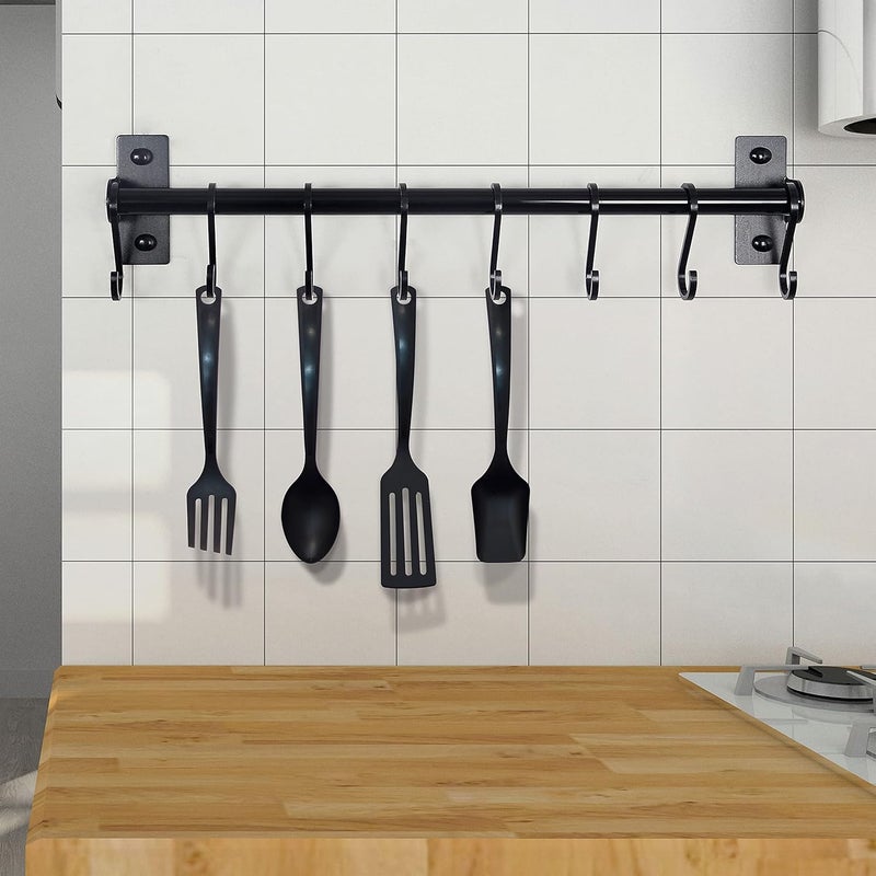 Dseap Kitchen Utensil Holder Hanger, Pot and Pan Rack Wall Mounted, Kitchen Rail with 8 Hooks for Hanging Cooking Utensils, Mugs, Spoons, Wall Mounted, Black - Image 5