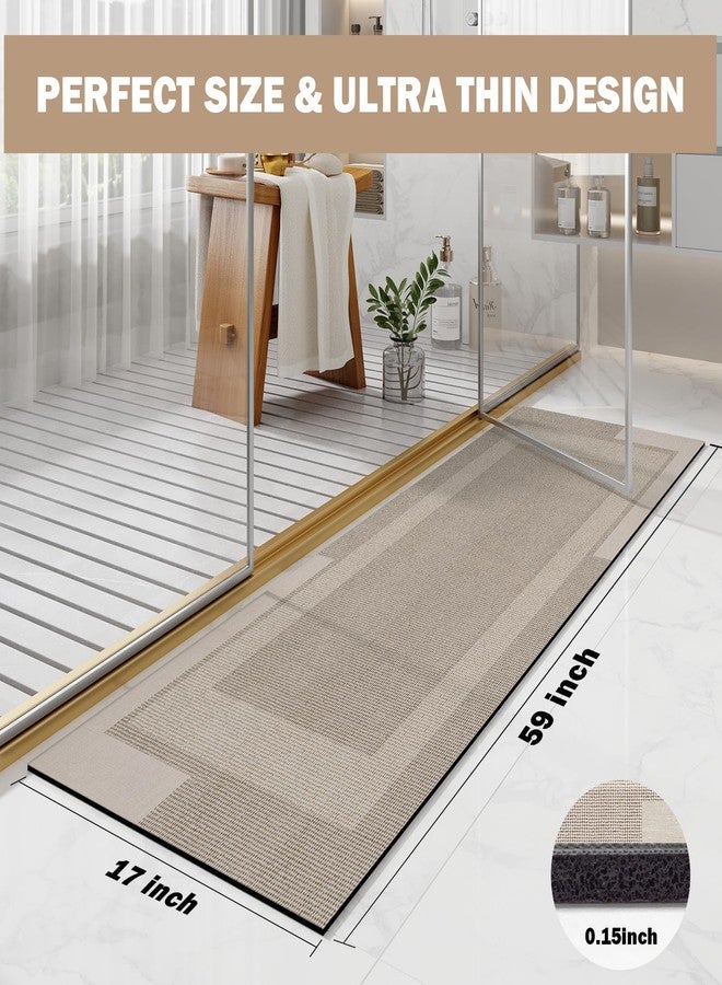 YDKGL Non Slip Long Bathroom Runner Rug Bath Mat, Rubber Backing Ultra Thin Bathroom Rugs Fit Under Door Quick Dry Super Absorbent Washable Shower Mat for Bathtub Sink Floor, Beige 17"x59" - Image 2