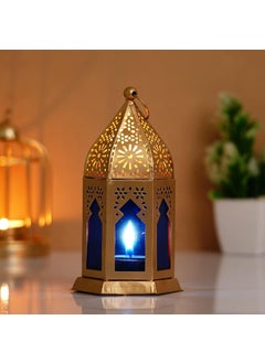 Webelkart Webelkart Premium Moroccan Gold, Blue Color Metal Iron Lantern Tea Light Holder with Free Tealight Candle Holder for Home | Tealight Candle Holders for Diwali Decoration  - Image 1