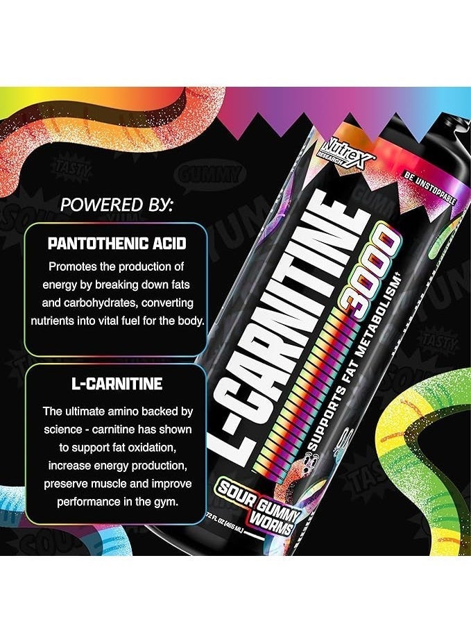 Nutrex Research Liquid L Carnitine 3000 – Sour Gummy Worms | L-Carnitine Liquid Shots, Stimulant Free | Supports Muscle Recovery for Men and Women - 31 Servings - Image 2