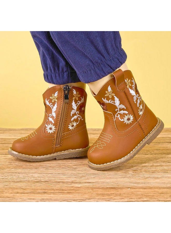 Newsonet Baby Cowboy Cowgirl Boots Infant Western Boots Toddler Boys Girls Round Toe Riding Mid Calf Boots All Seasons for 6 9 12 18 24 Months, Brown, 6-12 Months Infant - Image 2